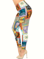 Boho Patchwork Print Plus Size High Rise Leggings