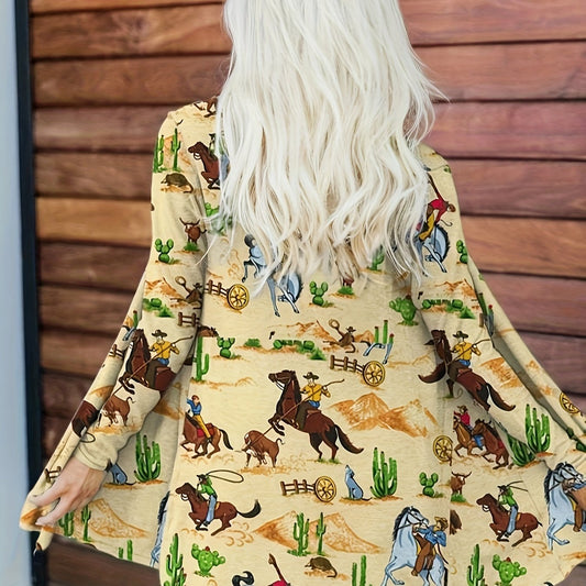 Western Style Cardigan Women's Plus Cowboy Print Long Sleeve