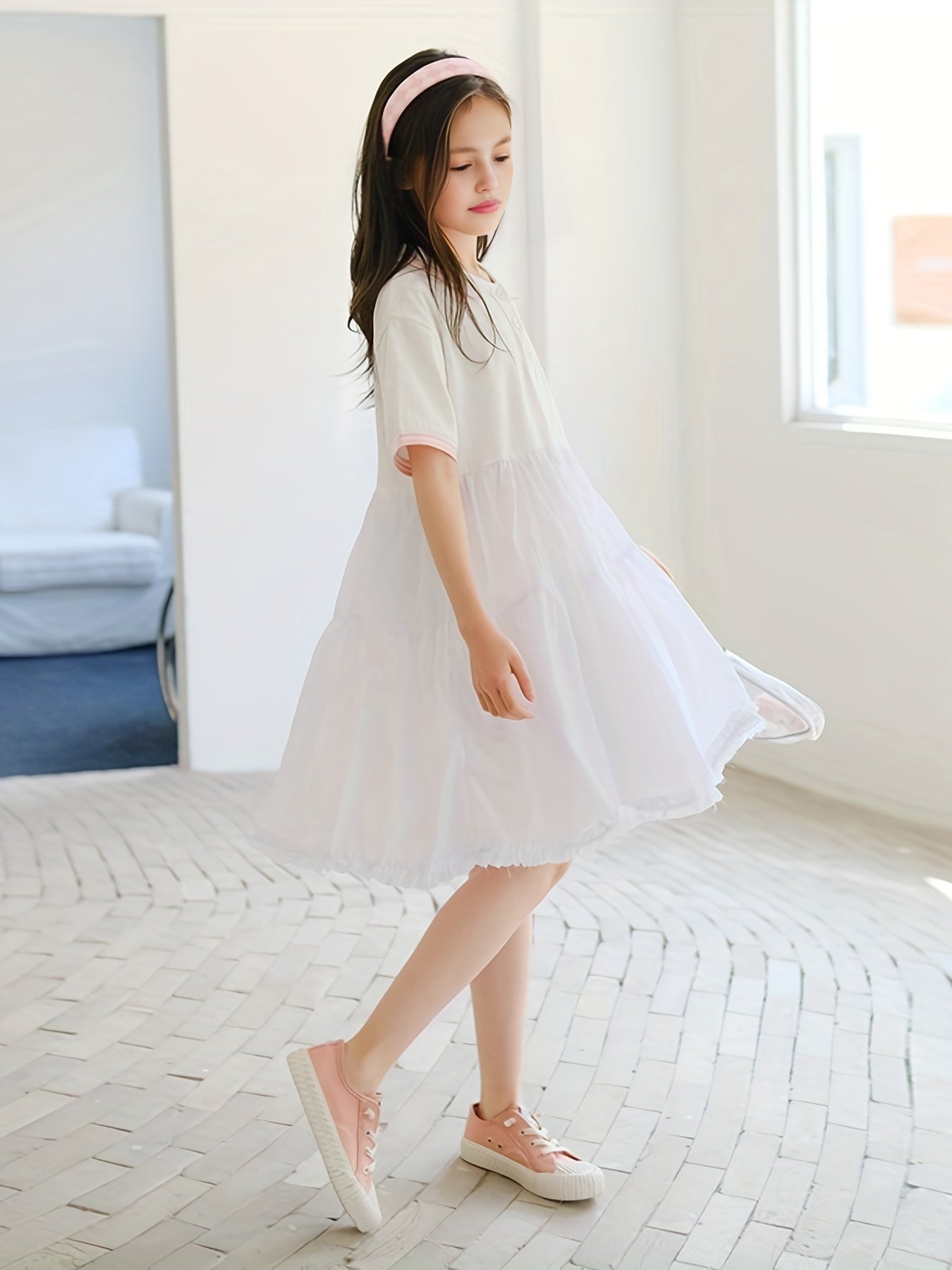 Girls' Cotton Polo Dress Short Sleeve Button Up Casual One Piece