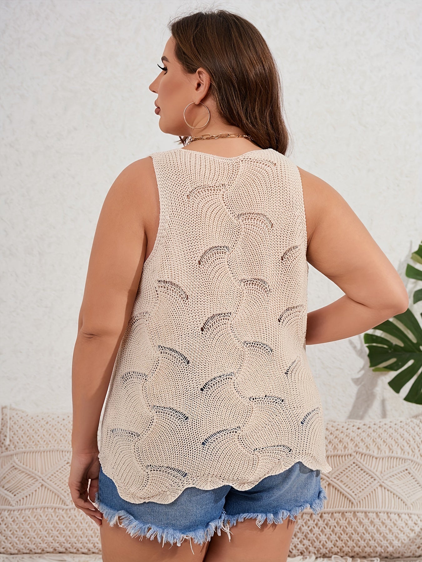  Solid Pointelle V-Neck Stretch Knit Tank Top