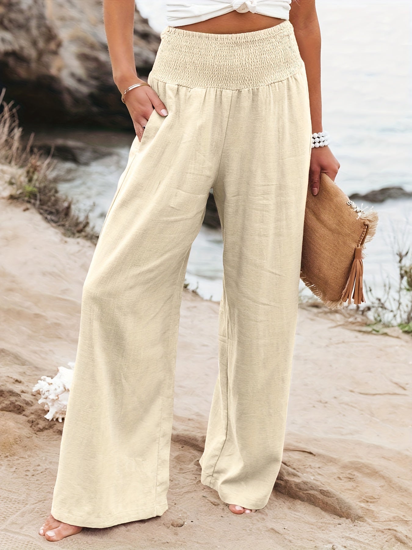 Solid Elastic Waist Wide Leg Pants for Women