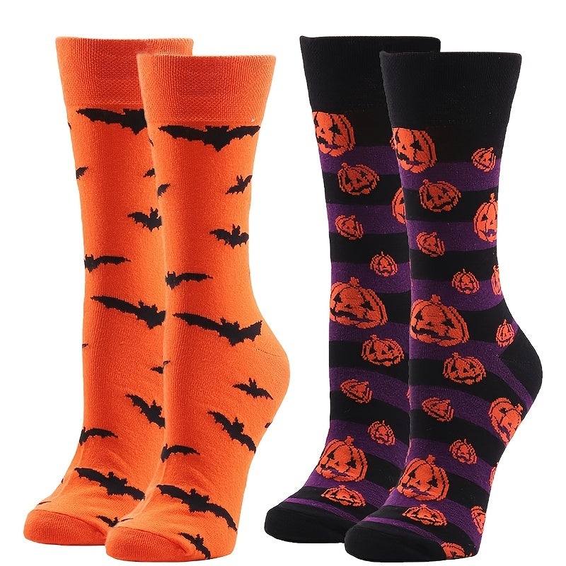 2 Pairs Bat & Pumpkin Print Socks Halloween Mid Tube Socks Women's Stockings