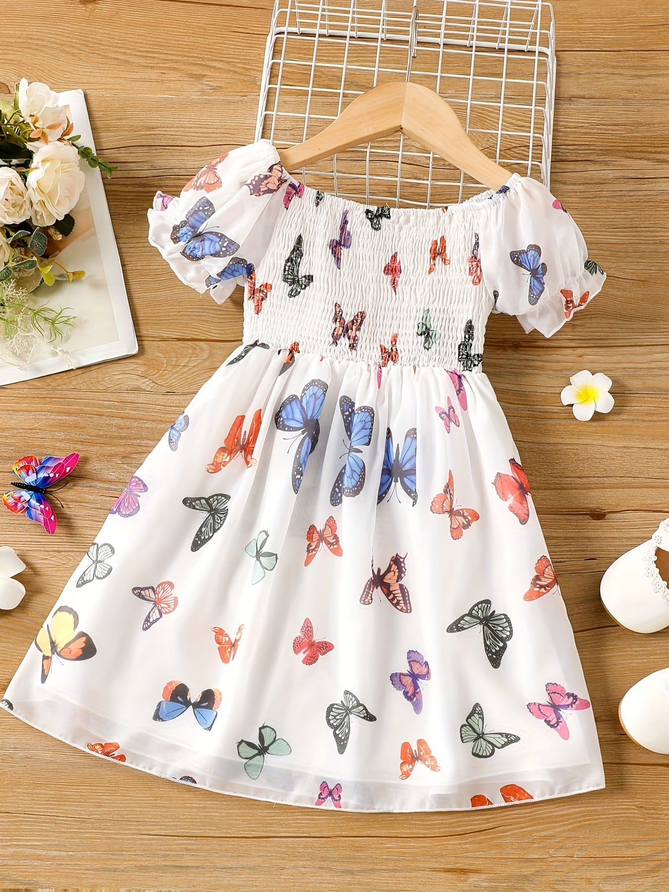 Girls' Butterfly Print Square Neck Smocked Dress