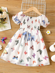 Girls' Butterfly Print Square Neck Smocked Dress