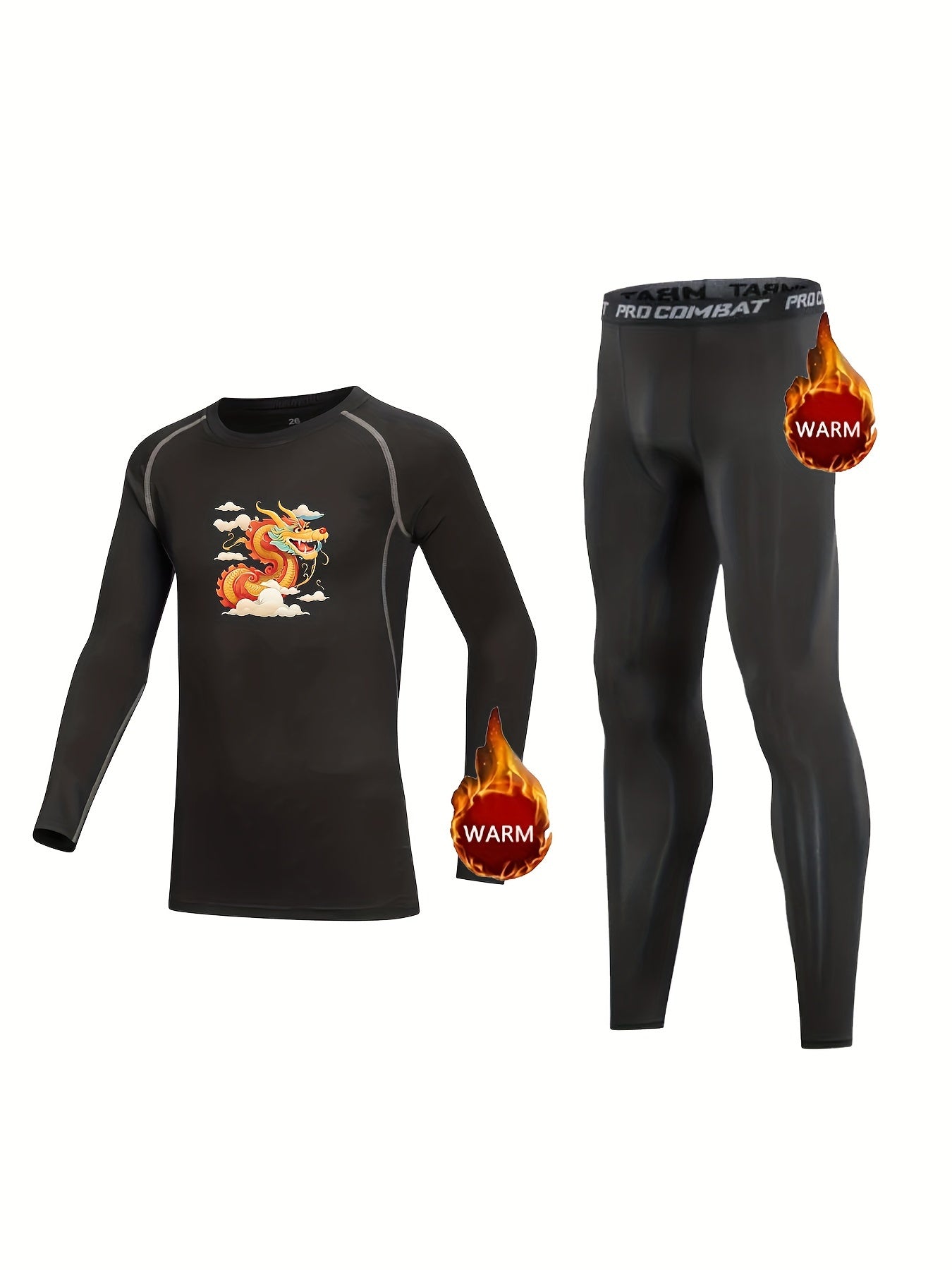 2pcs Kids Fleece Lined Dragon Totem Compression Base Set