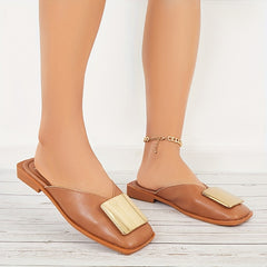 Women's Square Toe Flat Mules Square Metal Decor Closed Toe Slide Shoes