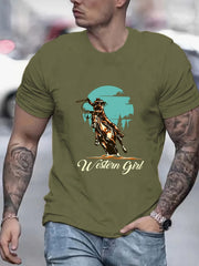 Old West Cow Girl Print Men's Graphic T-shirt for Summer