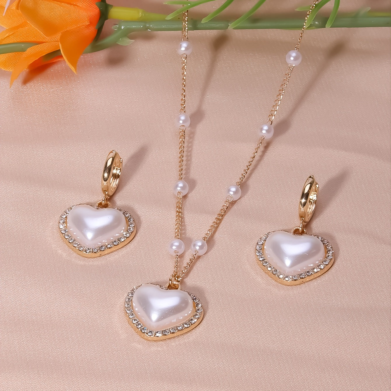 Heart Shape Faux Pearls Jewelry Set Necklace Earrings Rhinestones