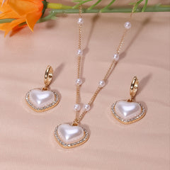 Heart Shape Faux Pearls Jewelry Set Necklace Earrings Rhinestones