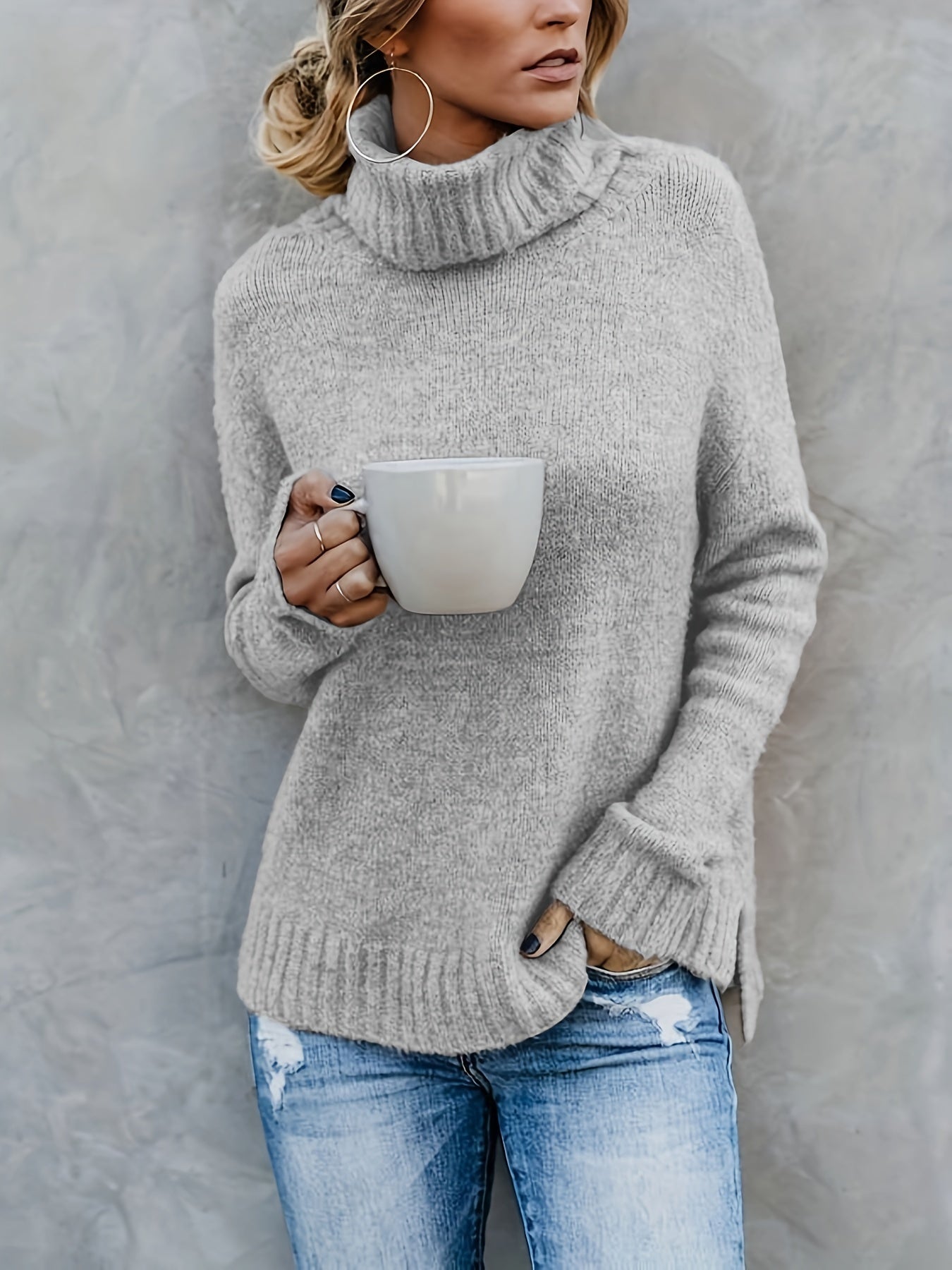 Solid Turtle Neck Pullover Sweater Long Sleeve Split Sweater