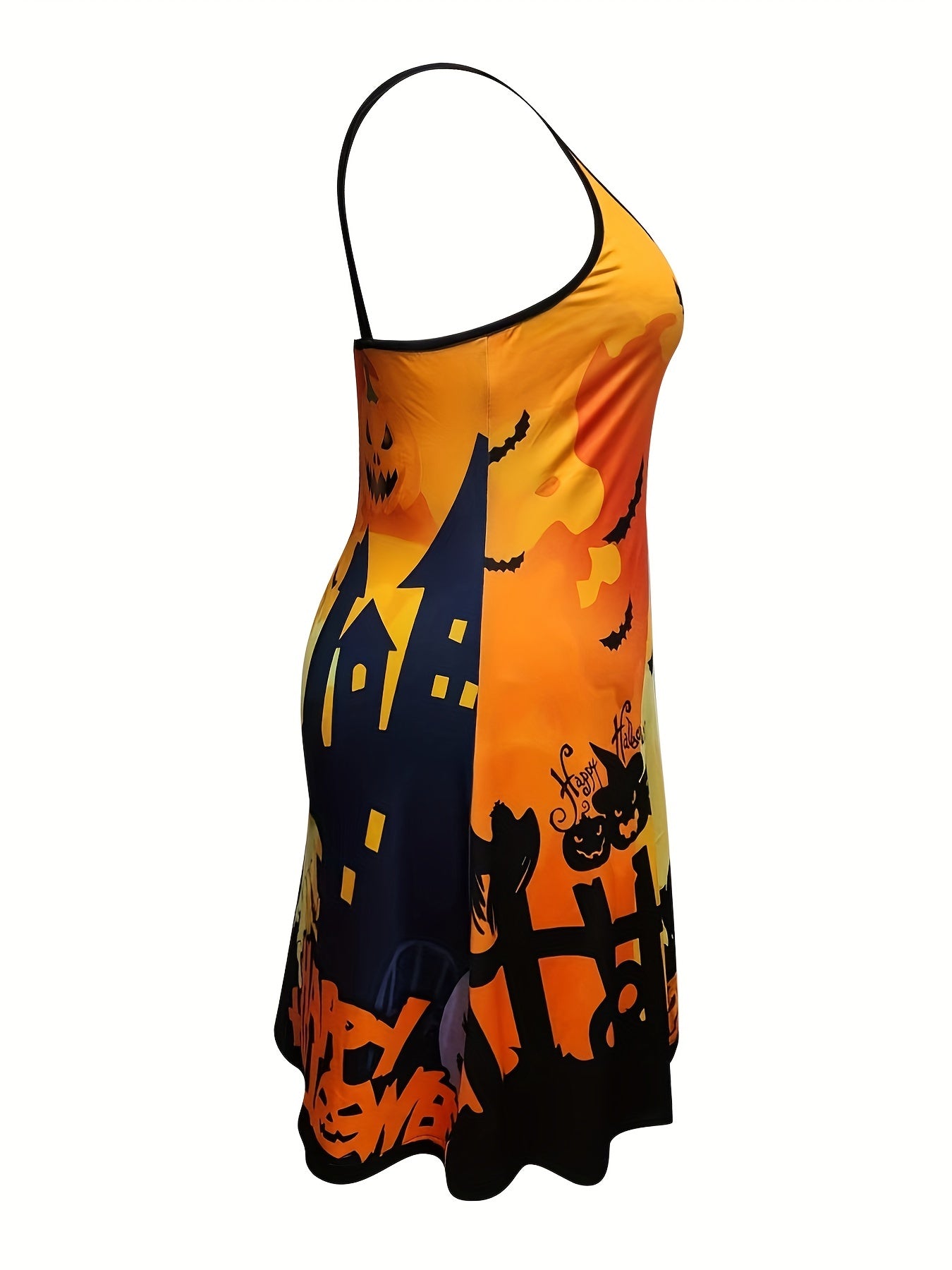  Women's Halloween Tank Dress with Pumpkin & Bat Print