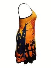  Women's Halloween Tank Dress with Pumpkin & Bat Print