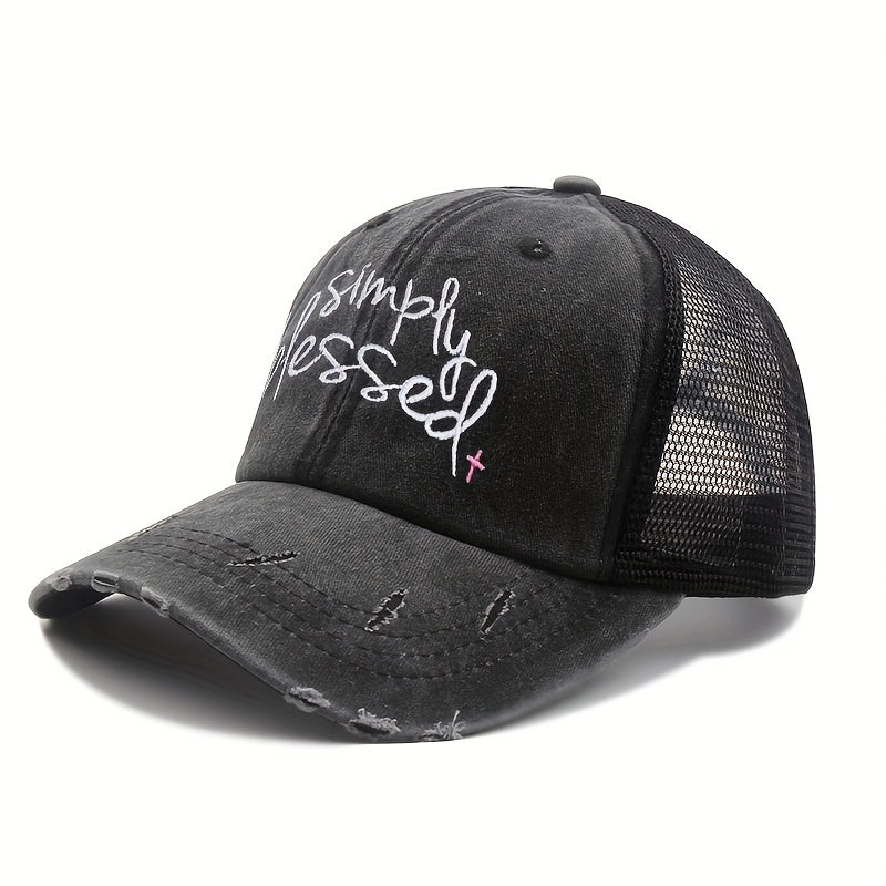 Blessed Ponytail Trucker Hat Embroidered Ripped Washed Distressed Baseball Cap