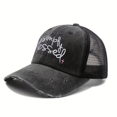 Blessed Ponytail Trucker Hat Embroidered Ripped Washed Distressed Baseball Cap