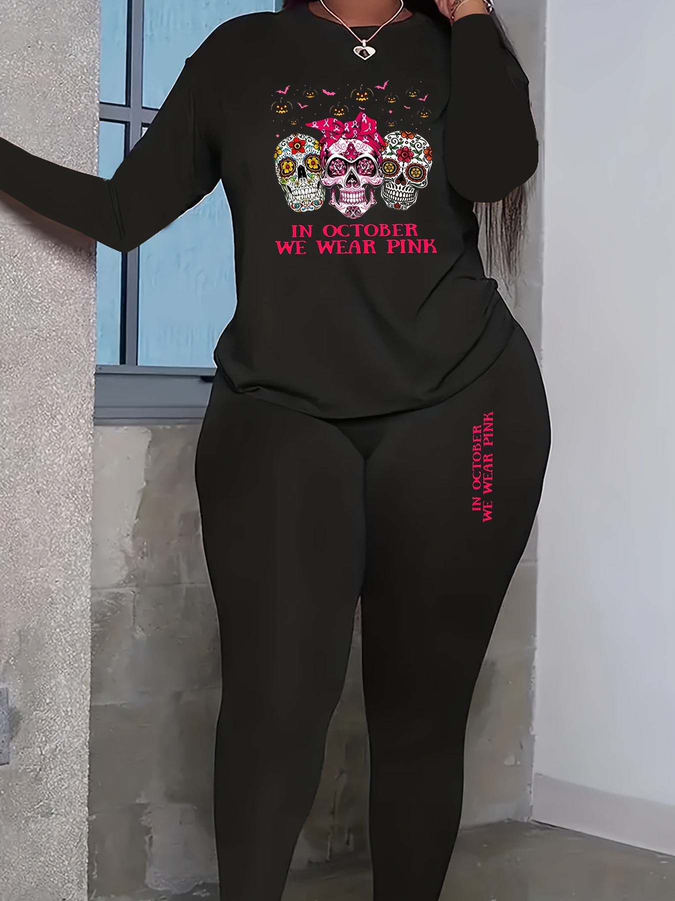 Women's Plus Size Gothic Halloween Floral Skull & Pumpkin Tee and Leggings