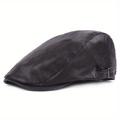 Retro PU Leather Adjustable Beret Duckbill Cap Solid Sun Hats Unisex