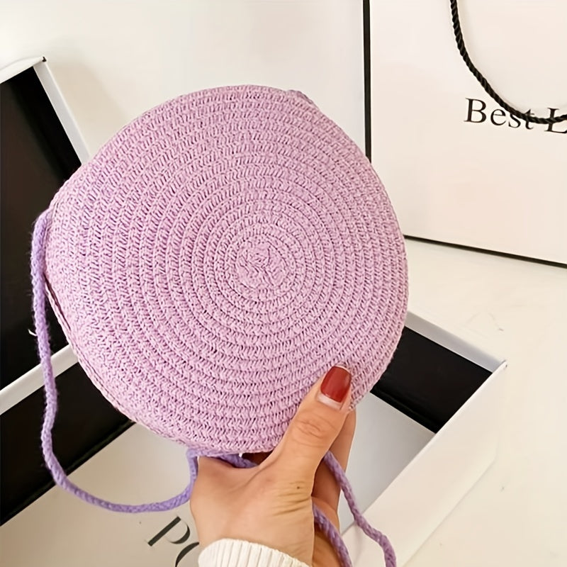 Straw Round Beach Crossbody Bag Solid Casual Summer Woven Handbag