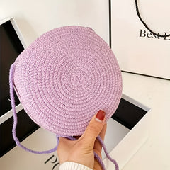 Straw Round Beach Crossbody Bag Solid Casual Summer Woven Handbag