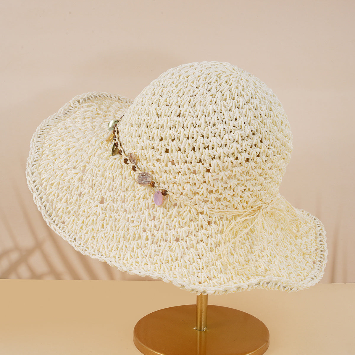 Women's Big Brim Straw Bucket Hat Wooden Bead Rope Decor Fisherman Cap