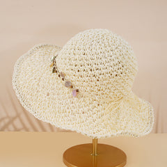 Women's Big Brim Straw Bucket Hat Wooden Bead Rope Decor Fisherman Cap