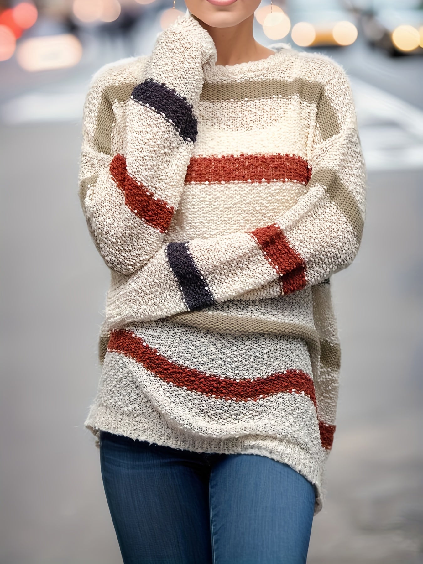  Casual Stripe Print Long Sleeve Round Neck Tunic Jumper