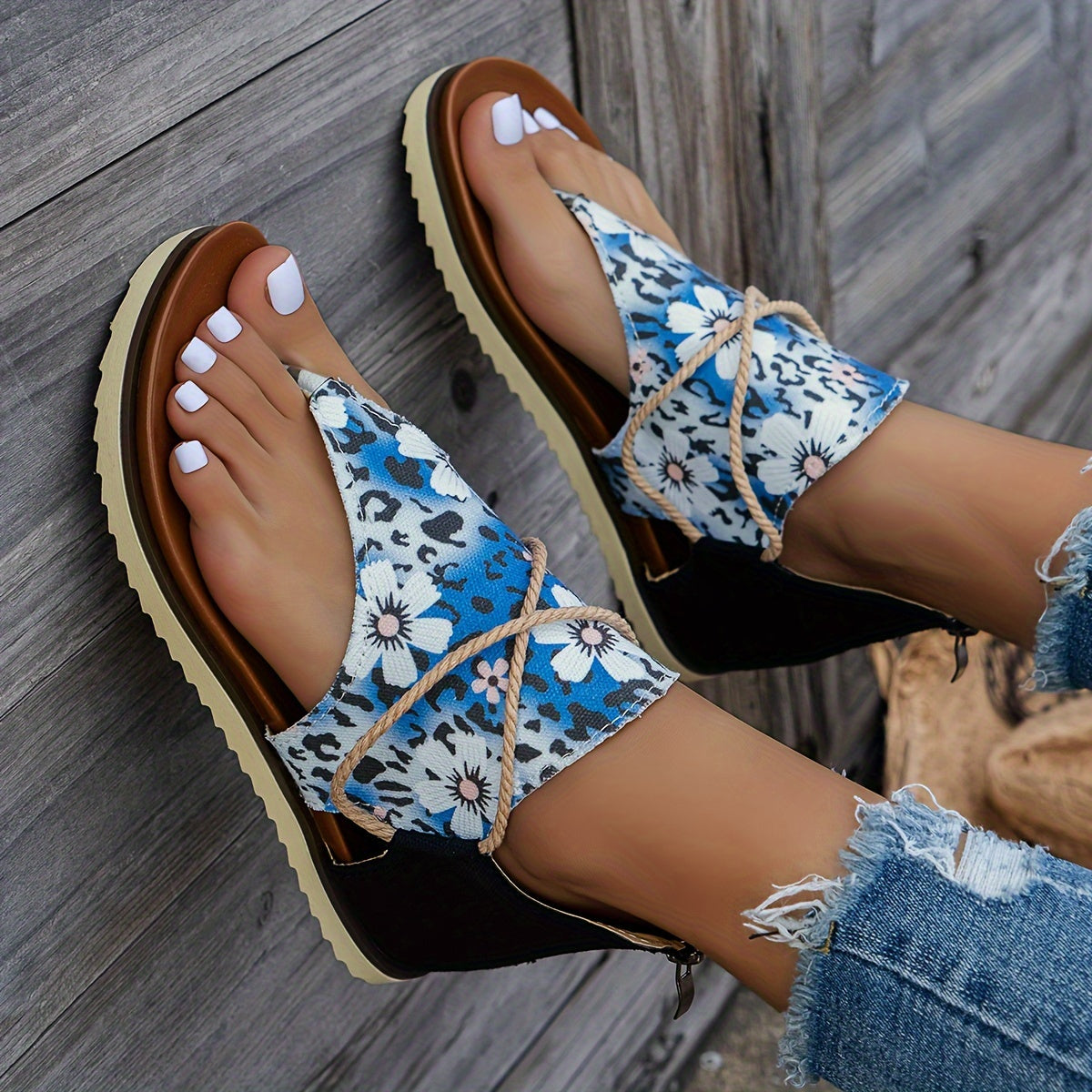 Women's Leopard Floral Print Clip Toe Sandals