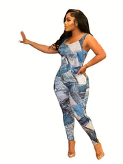 Denim Print Slim Tank Jumpsuit Casual Sleeveless Jumpsuit