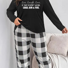  Slogan Print Tee & Plaid Pants Pajama Set