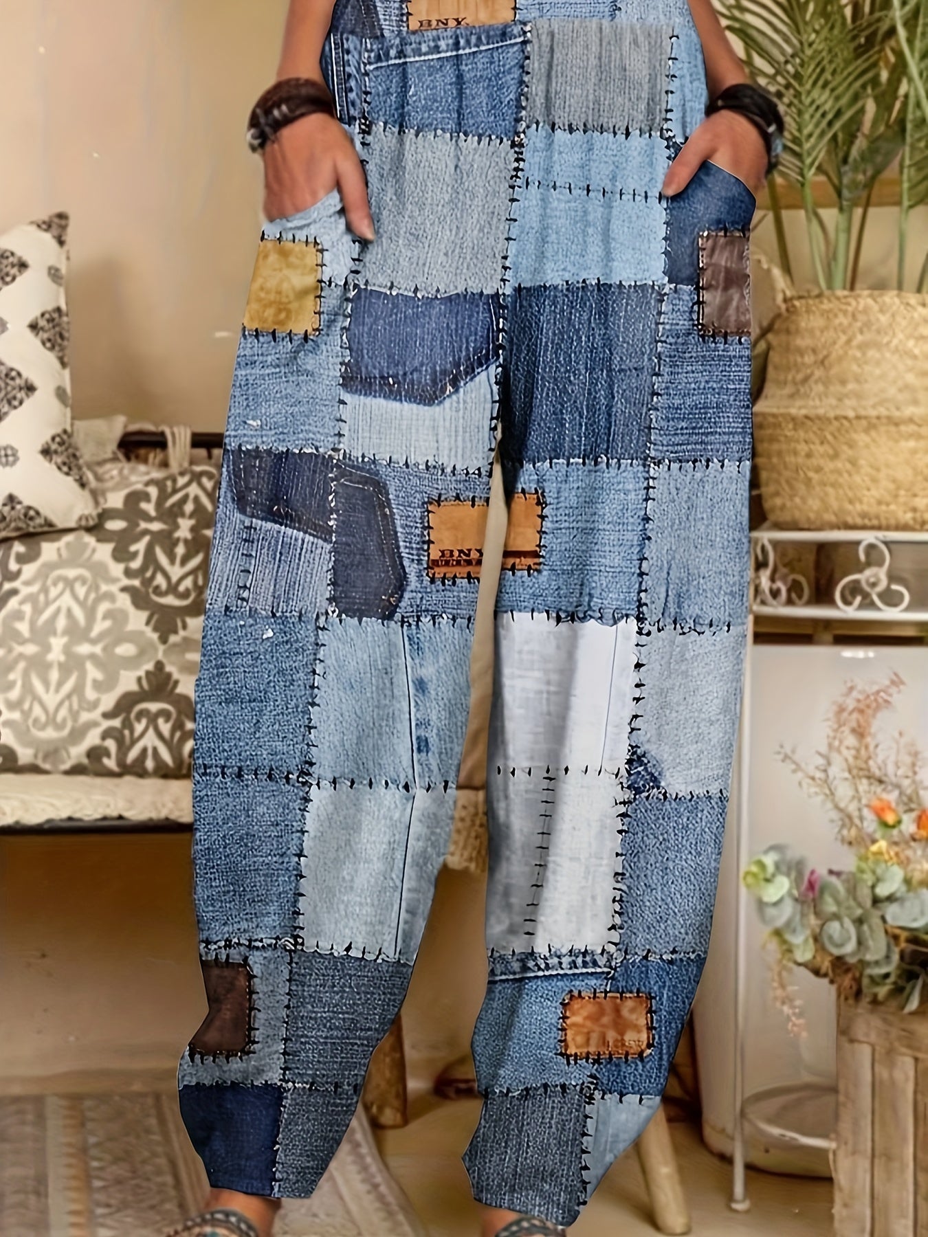  Denim Print Elastic High Rise Loose Fit Trousers