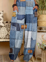  Denim Print Elastic High Rise Loose Fit Trousers