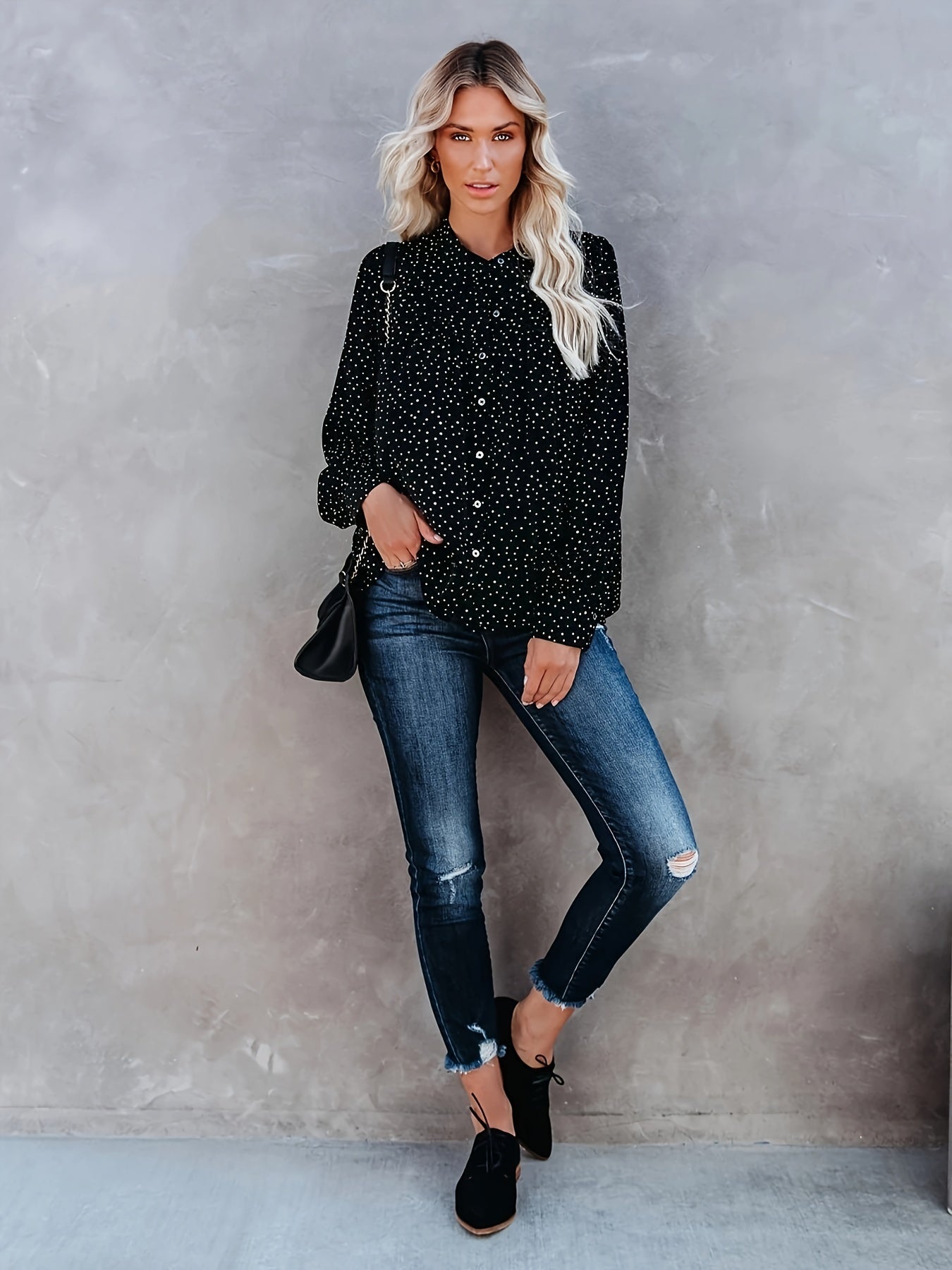  Boho Blouse Women's Plus Dot Print Button Up Long Sleeve