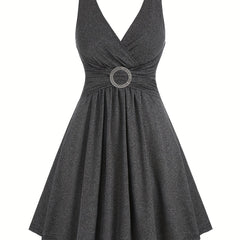  Casual Tank Dress Women's Plus Solid Surplice Neck Metal Decor Dress