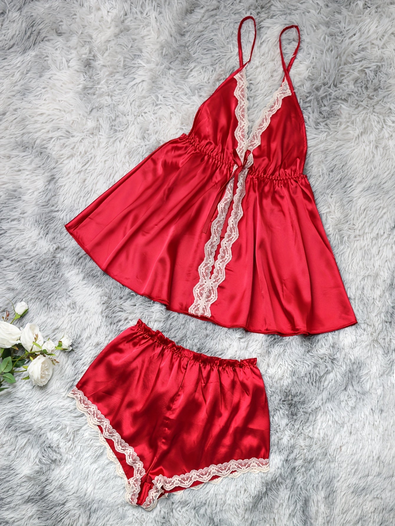 Satin Lounge Set Lace Trim Deep V Cami & Shorts Women's Pajamas