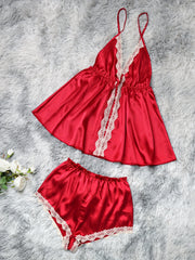 Satin Lounge Set Lace Trim Deep V Cami & Shorts Women's Pajamas