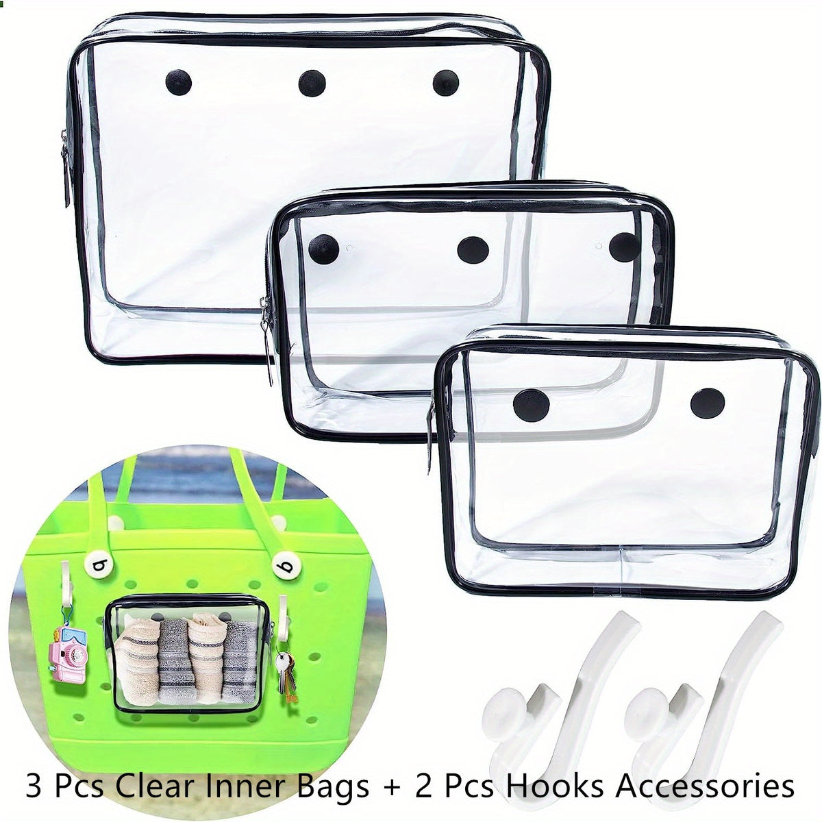3 Pcs Transparent Inner Bags Zipper Waterproof, Hooks Travel Accessories