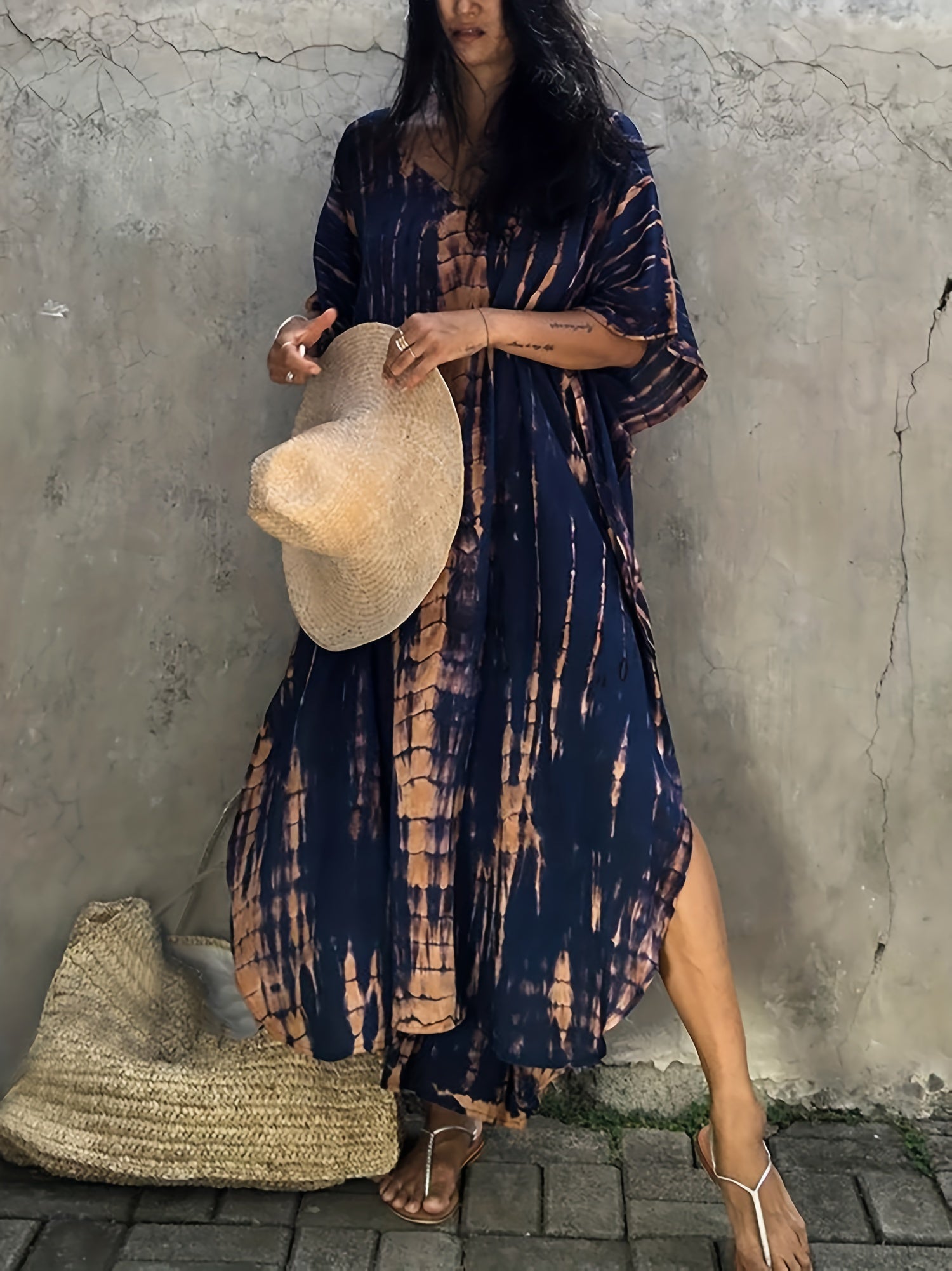  Tie Dye Striped Batwing Sleeve Beach Cover Up