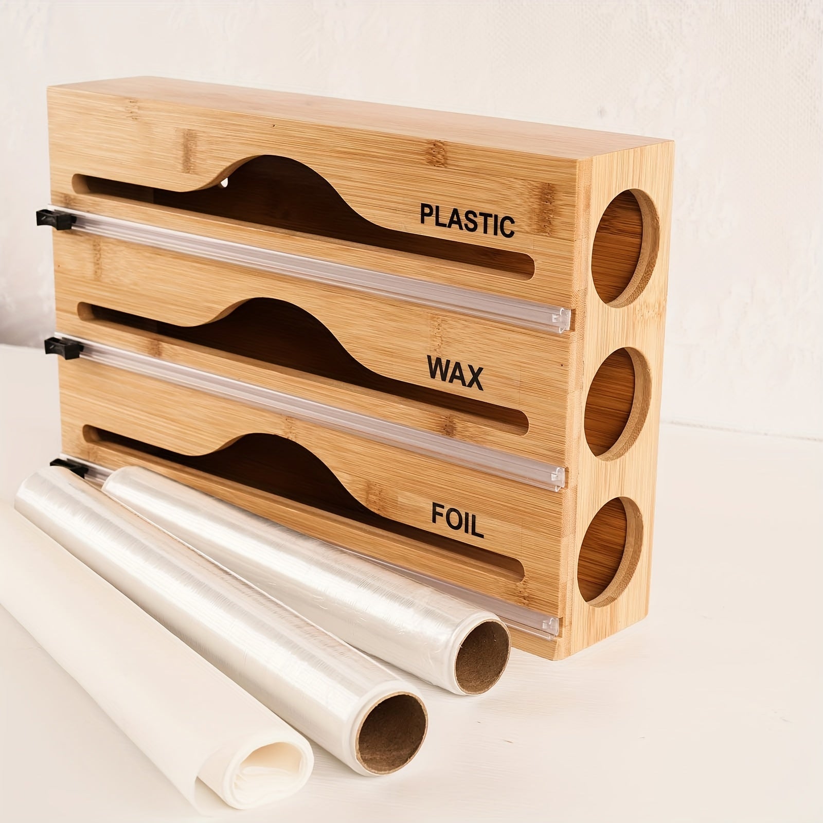 Bamboo Dispenser With Cutter For 12.5 Roll Foil Plastic Wrap Organizer