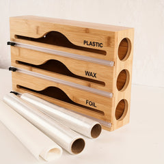 Bamboo Dispenser With Cutter For 12.5 Roll Foil Plastic Wrap Organizer