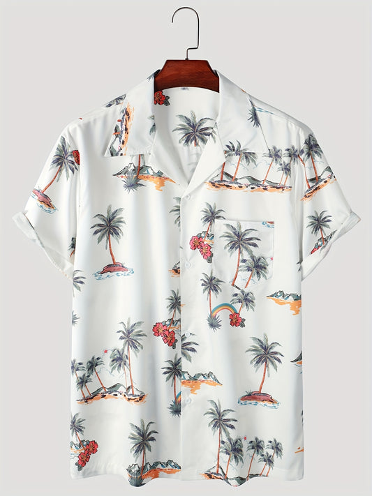 Men's Palm Tree Print Hawaiian Shirt Button Up Short Sleeve