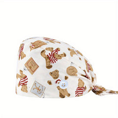 Cartoon Print Nurse Hat Cotton Scrub Cap Button Working Hats