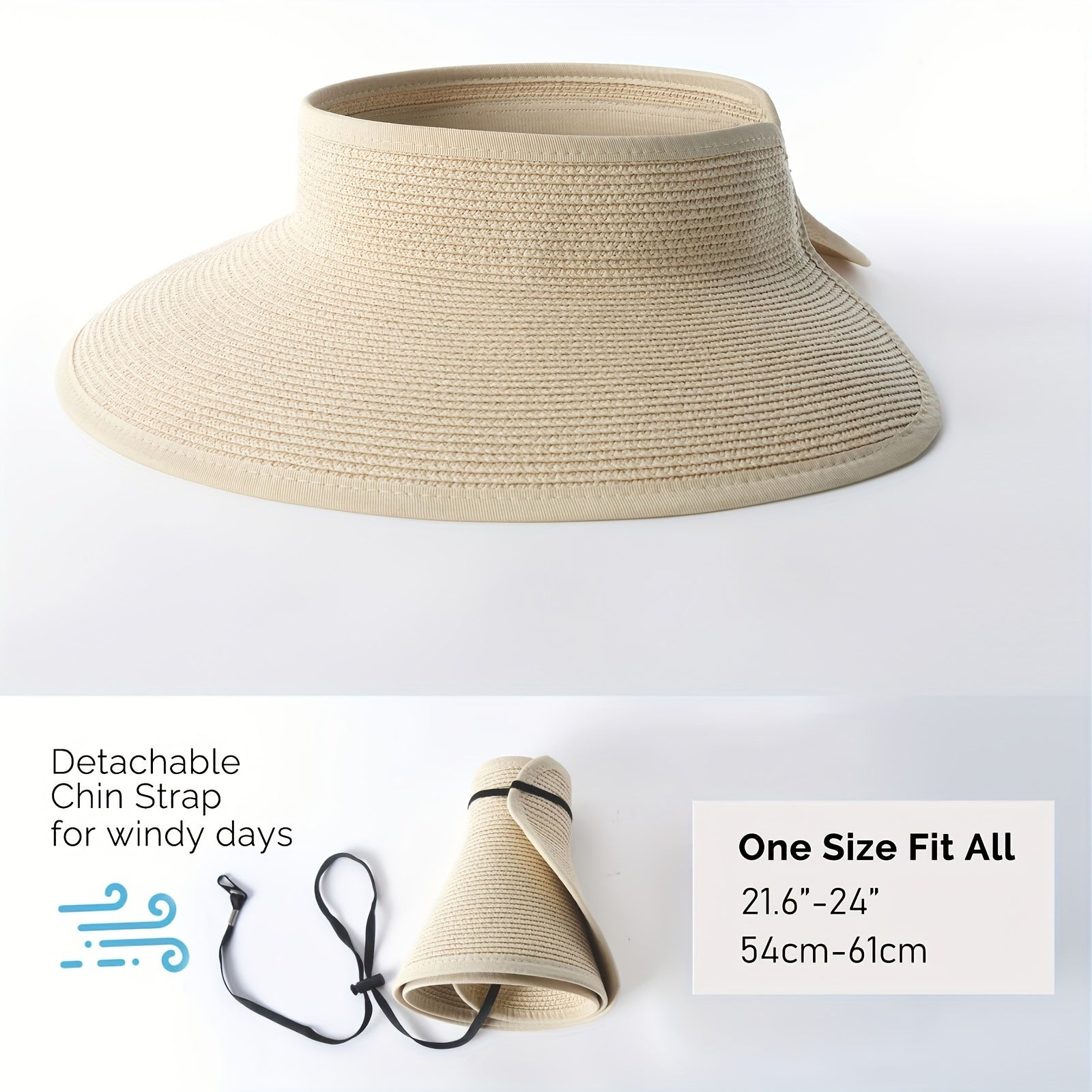 Wide Brim Straw Sun Hat UV Protection Foldable Packable Visor Hat