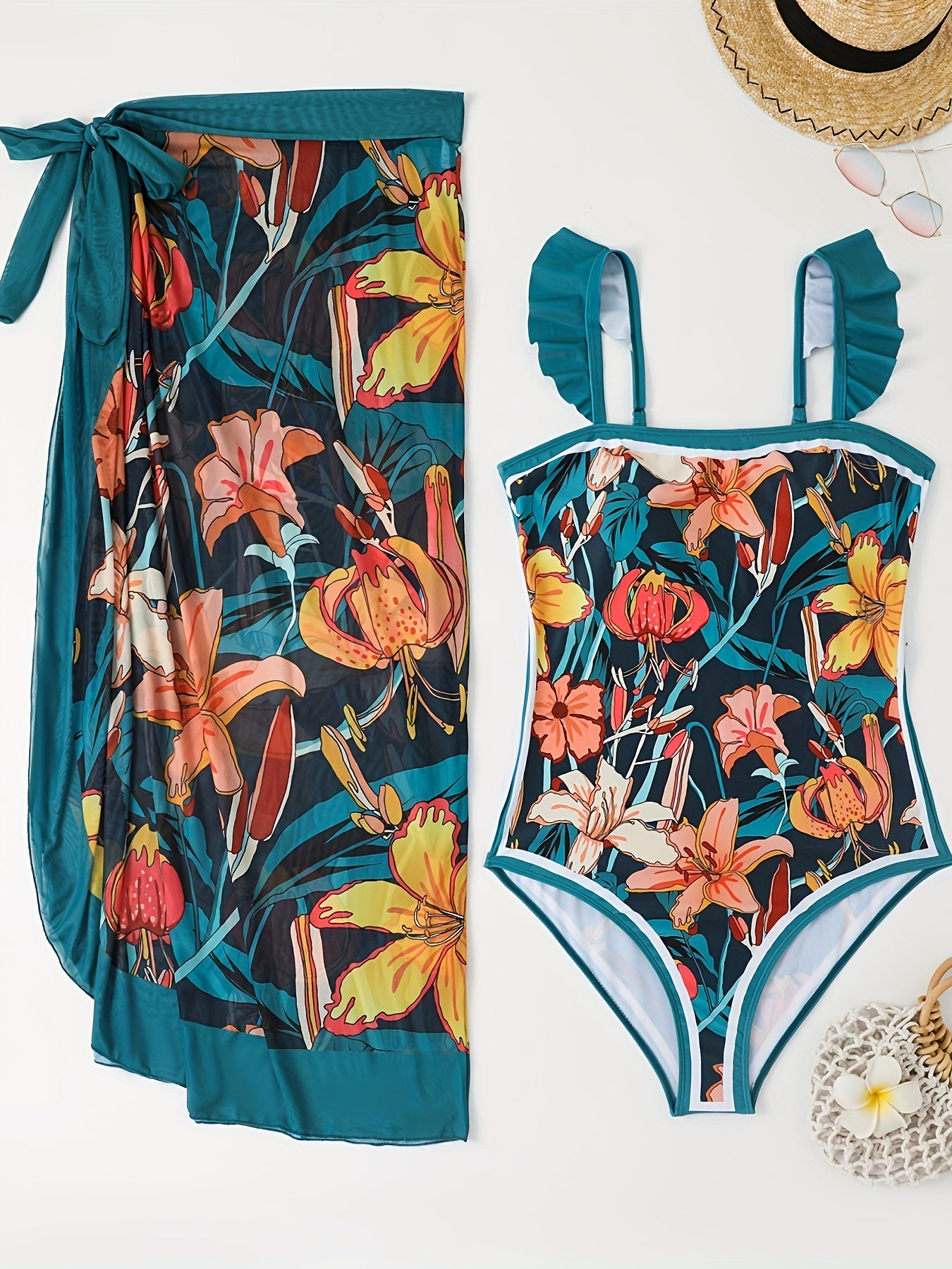  Boho Tankini Set Women's Plus Floral Print Ruffle Trim Swimsuit