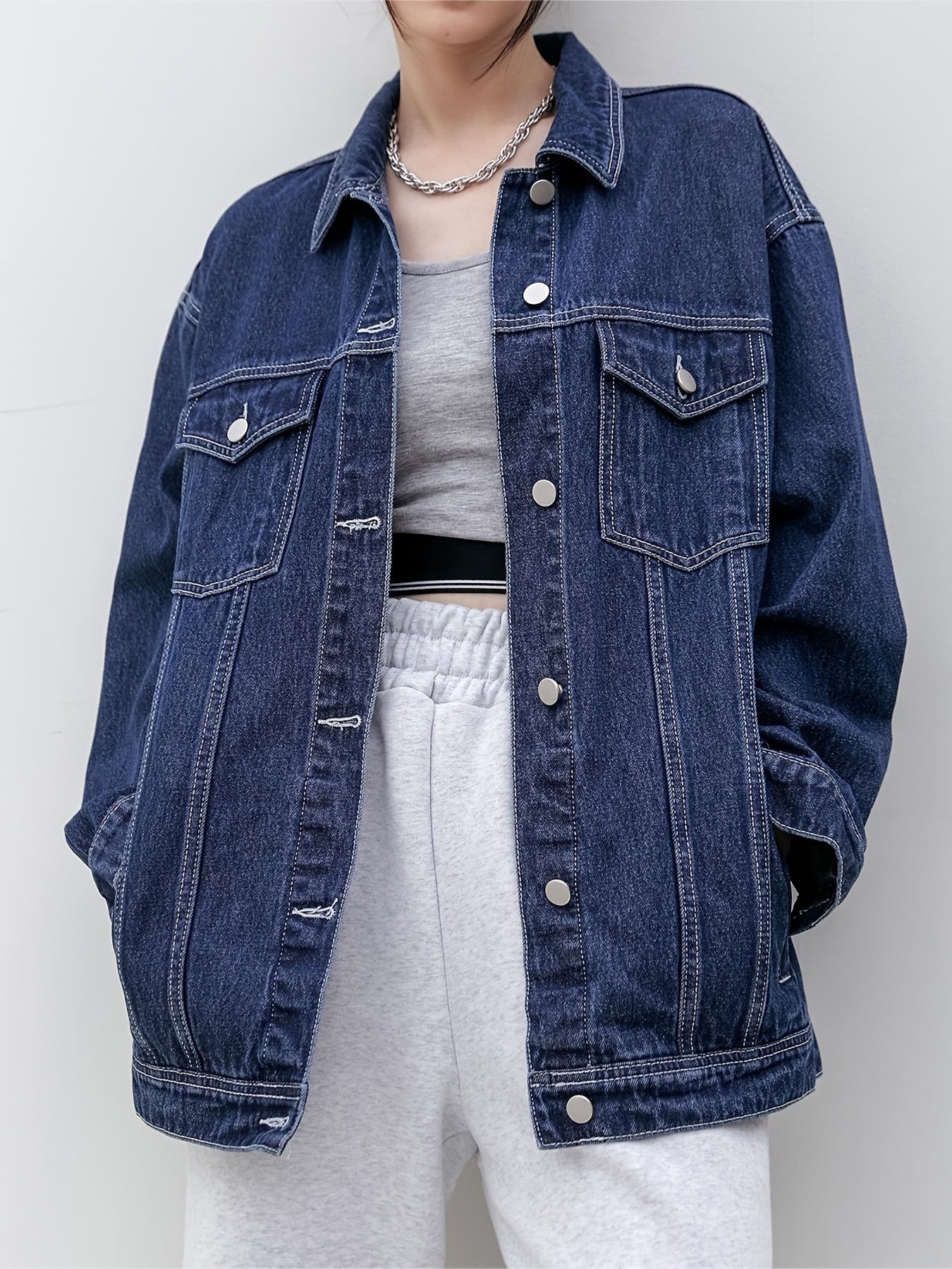 Women's Long Sleeves Denim Jacket Single Breasted Button Flap Pockets Lapel Coat