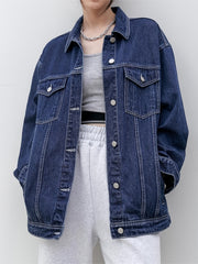 Women's Long Sleeves Denim Jacket Single Breasted Button Flap Pockets Lapel Coat