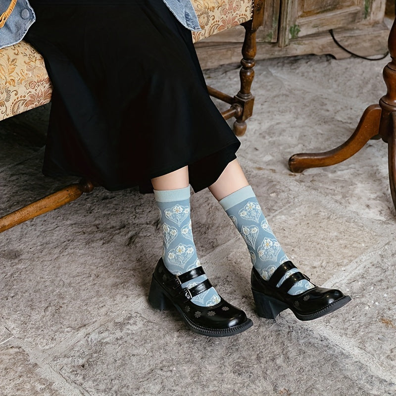 5 Pairs Floral Print Socks Comfy & Soft Mid Tube Socks Women's Stockings
