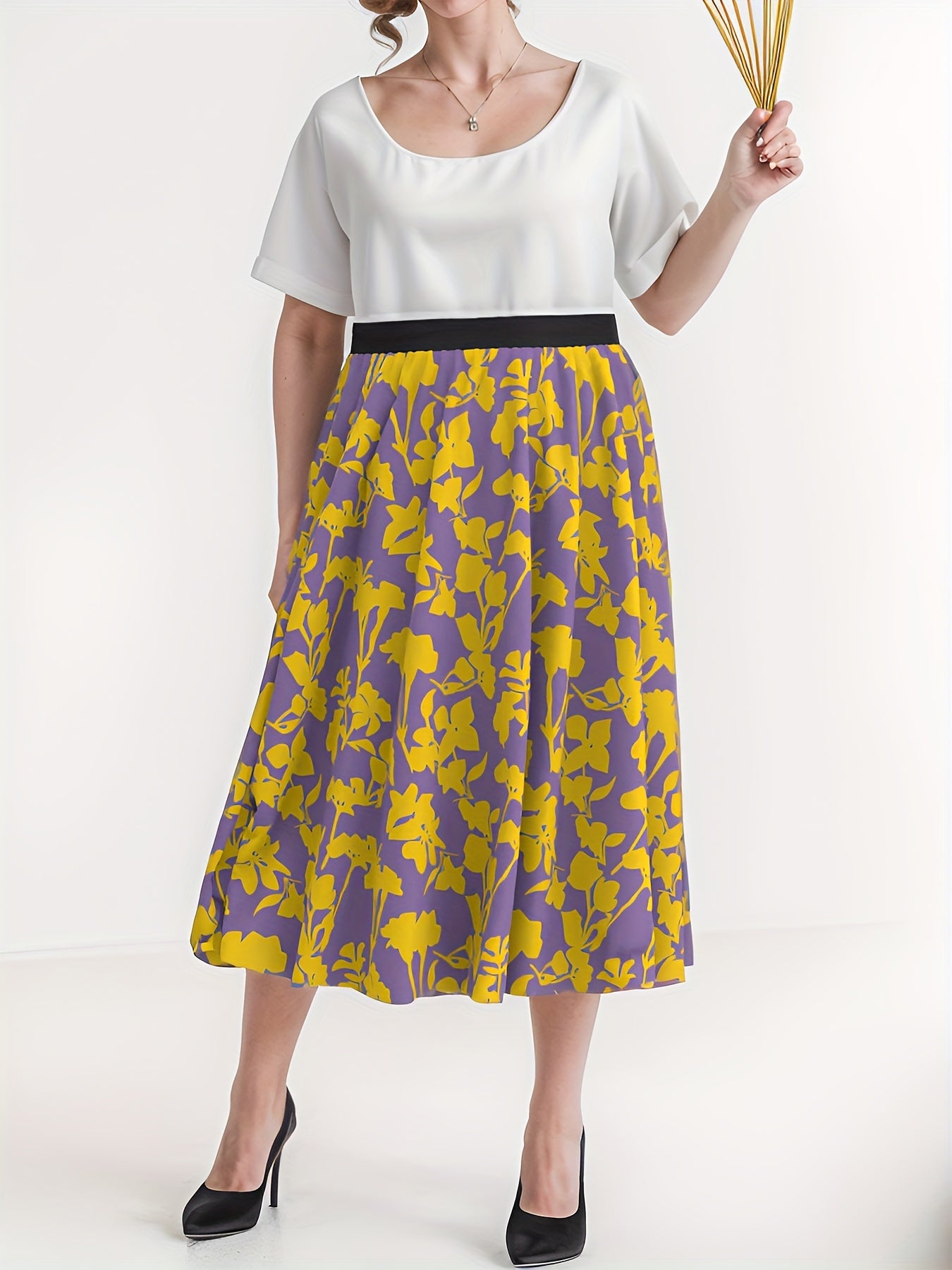  Floral Print Maxi Skirt, High Rise Elastic Waist