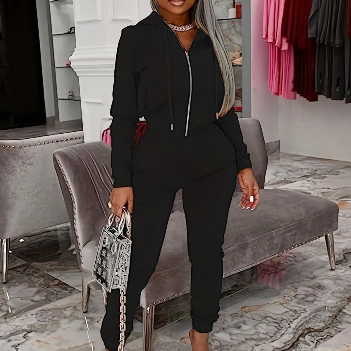 Women's Plus Zipper Long Sleeve Coat & Pants Set