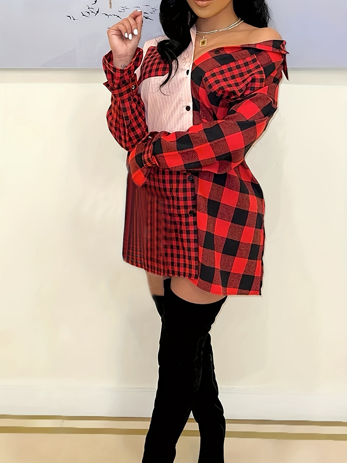  Colorblock Gingham Print Long Sleeve Dress
