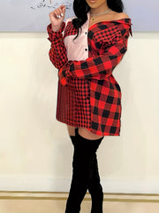  Colorblock Gingham Print Long Sleeve Dress