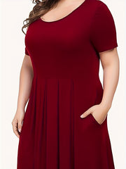 Women's Plus Solid Short Sleeve Casual Dress with Pockets